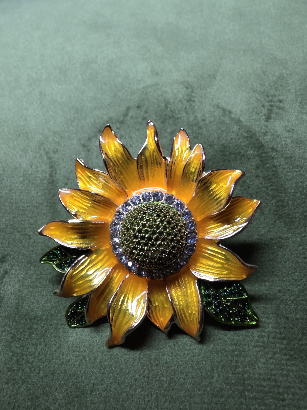 Source Unknown Yellow and Green Sunflower Brooch with Rhinestones